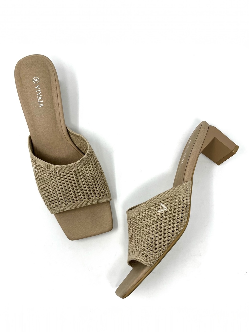 Vivaia Juliet Pro Beige Knit Mesh Square Toe Heeled Sandals Slides Heels 41 9.5